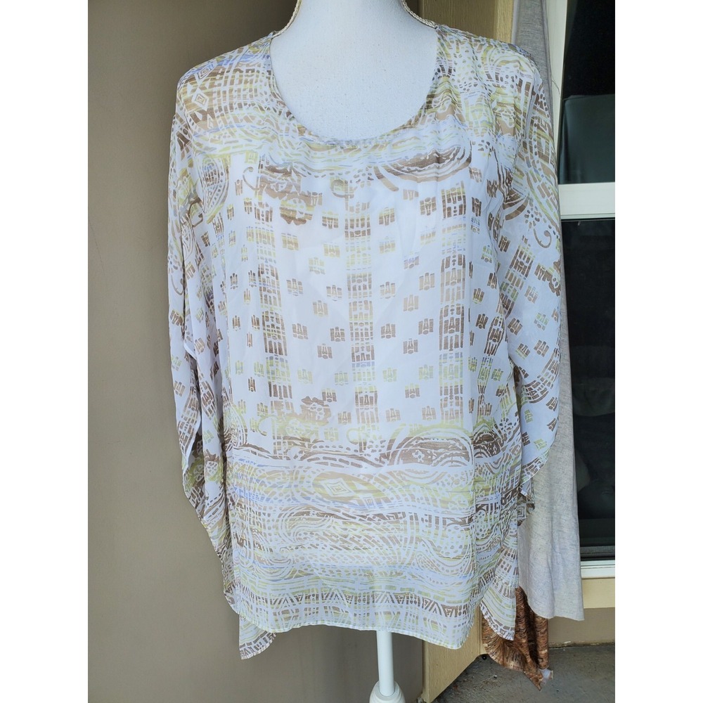Chicos‎ Travelers Top Womens S/M White Orange Yellow Flowy Batwing Sleeve Poncho